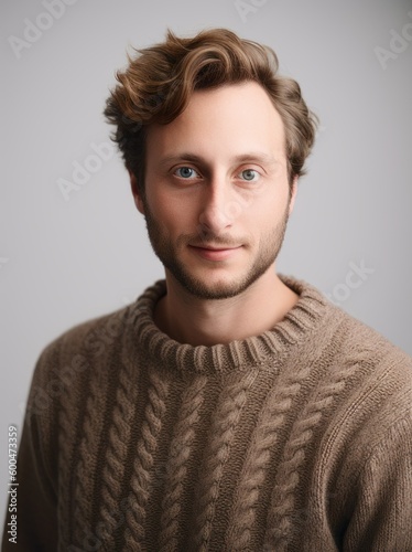 Portrait of a handsome young man in sweater, isolated on gray background