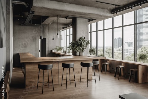 A contemporary coworking space with a blank wall for customization. Wood, concrete and a panoramic cityscape. Legal and corporate theme. Generative AI