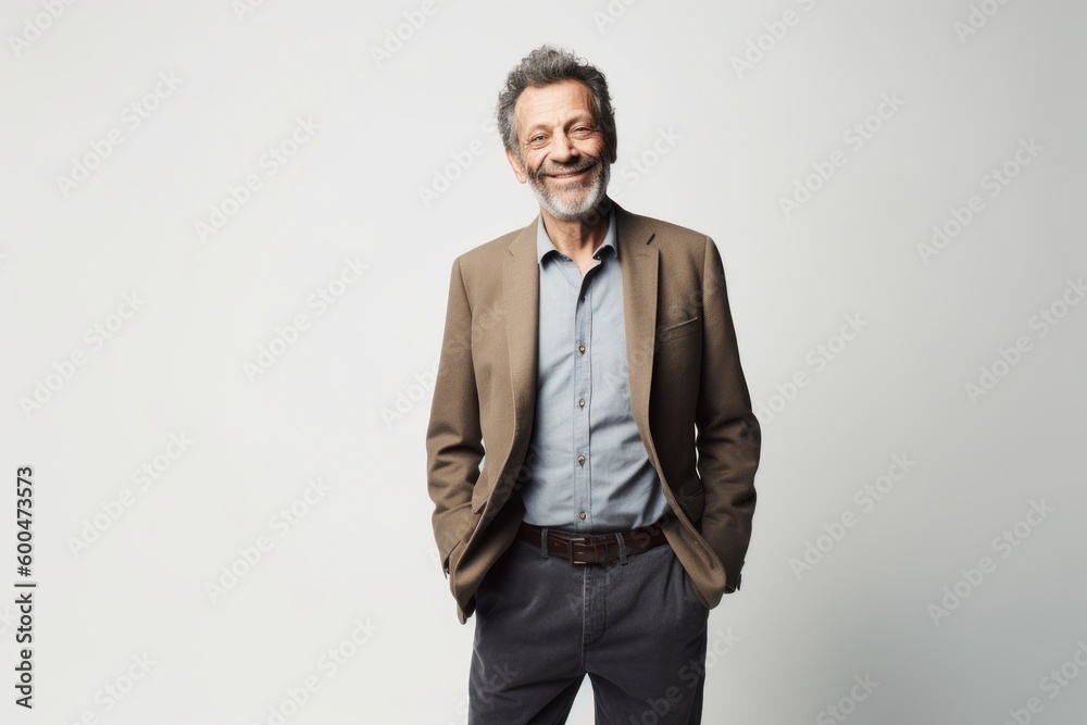 Portrait of a smiling mature man standing with hands in pockets isolated over white background Portrait of a smiling mature man standing with hands in pockets isolated over white background