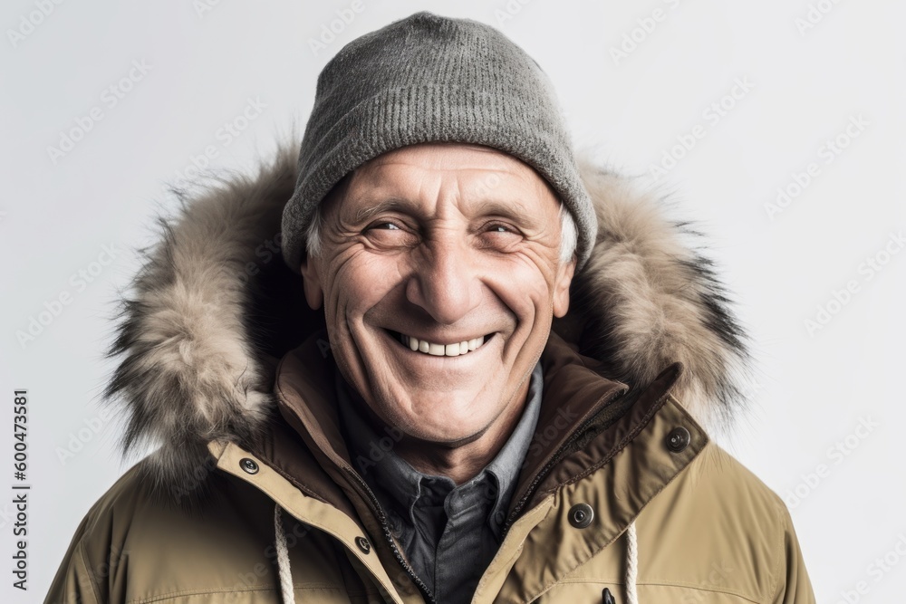 Portrait of a smiling senior man in winter jacket and hat.