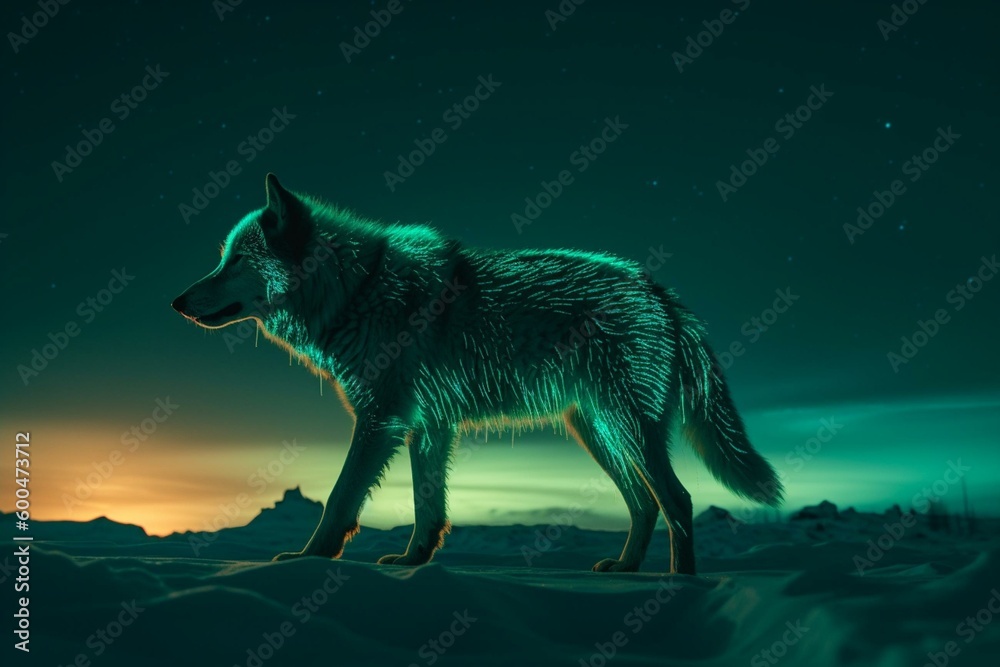 A wolf-shaped representation of the northern lights. Generative AI