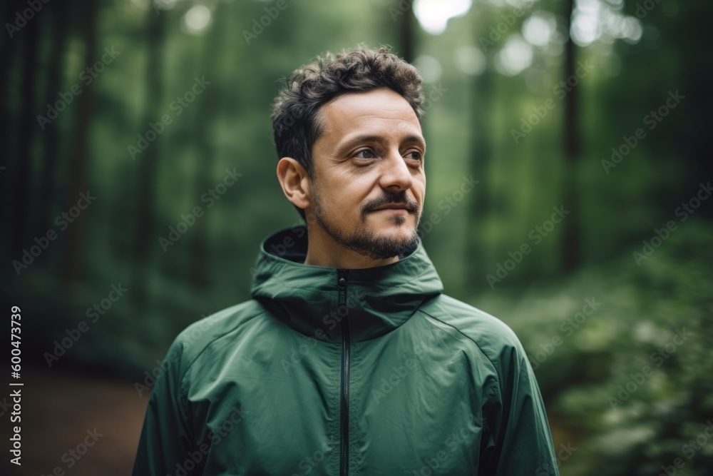 Portrait of a man in a green jacket in the forest. Portrait of a man in a green jacket in the forest.