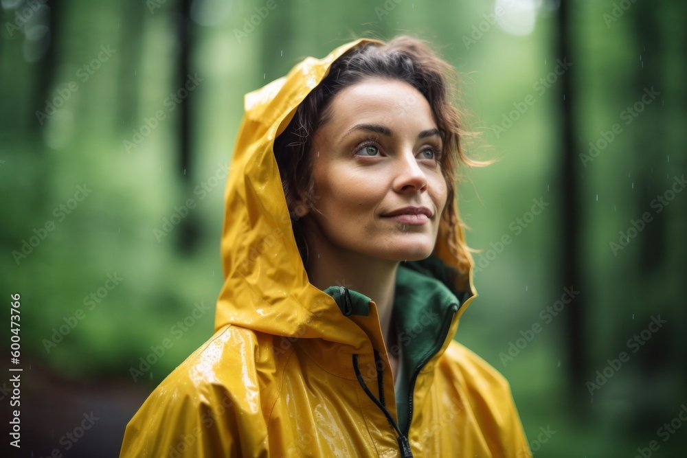 Young woman in yellow raincoat looking away while standing in rain forest Young woman in yellow raincoat looking away while standing in rain forest