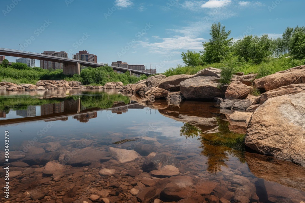 Riverfront trail landscape in Sioux Falls, South Dakota with water reflections of downtown bridges. Generative AI