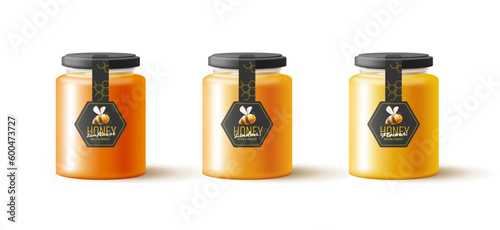 Honey glass jar mockups with labels stickers, bee logo with honeycombs 3d realistic. Honey packaging design concept. Food labels design.