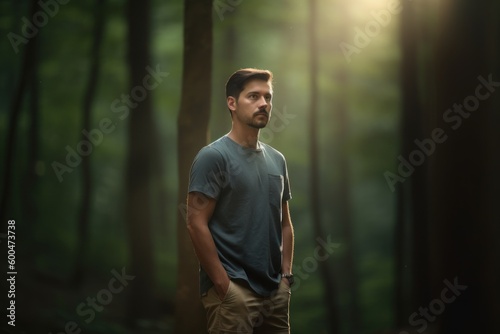 Young man standing in a forest with his hands in his pockets. © Robert MEYNER