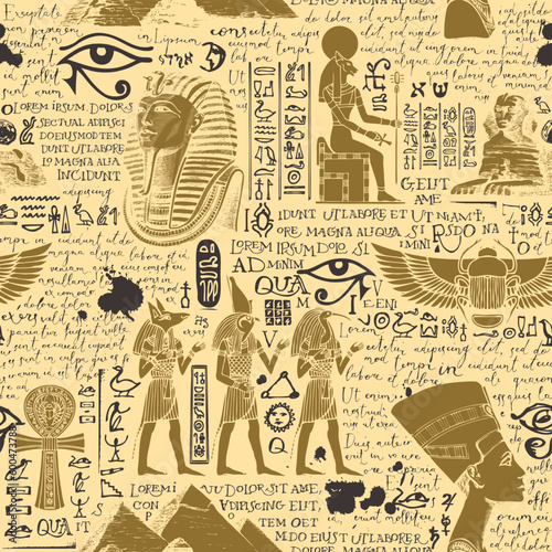 Seamless pattern on an Ancient Egypt theme with color images of Egyptian gods and handwritten text lorem ipsum. Vector abstract background in retro style. Wallpaper, wrapping paper, fabric