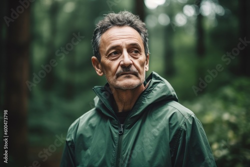 Portrait of a senior man in a raincoat in the forest