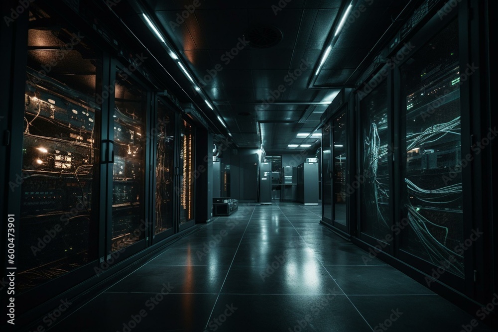 Dark network server room. Generative AI