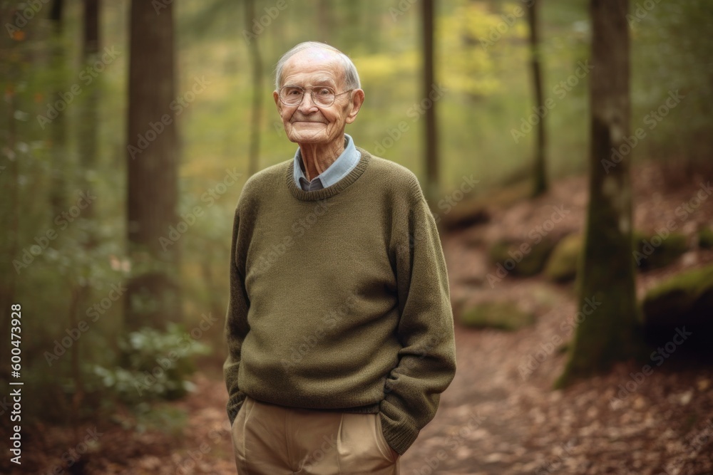 Senior man standing in the forest and looking at the camera with a smile Senior man standing in the forest and looking at the camera with a smile