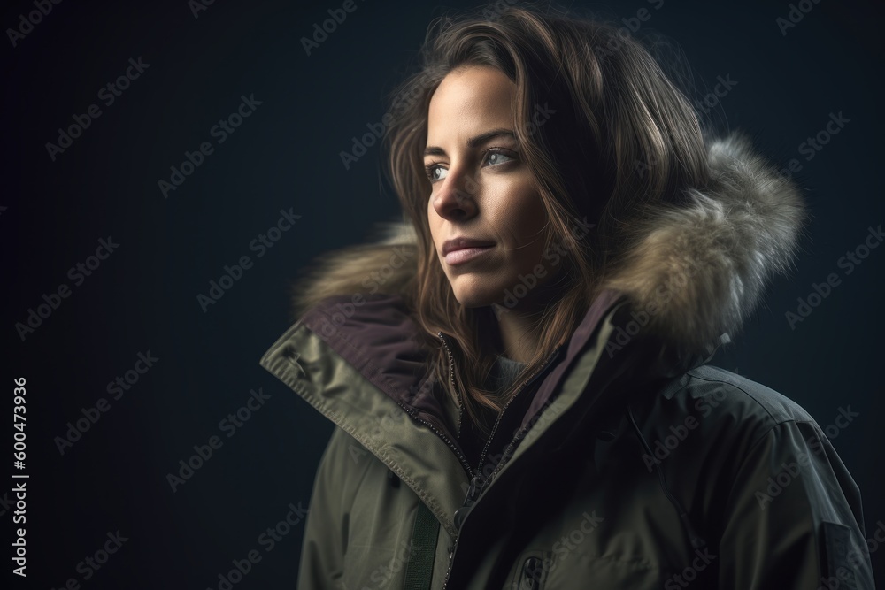 Beautiful young woman in a winter jacket on a dark background.