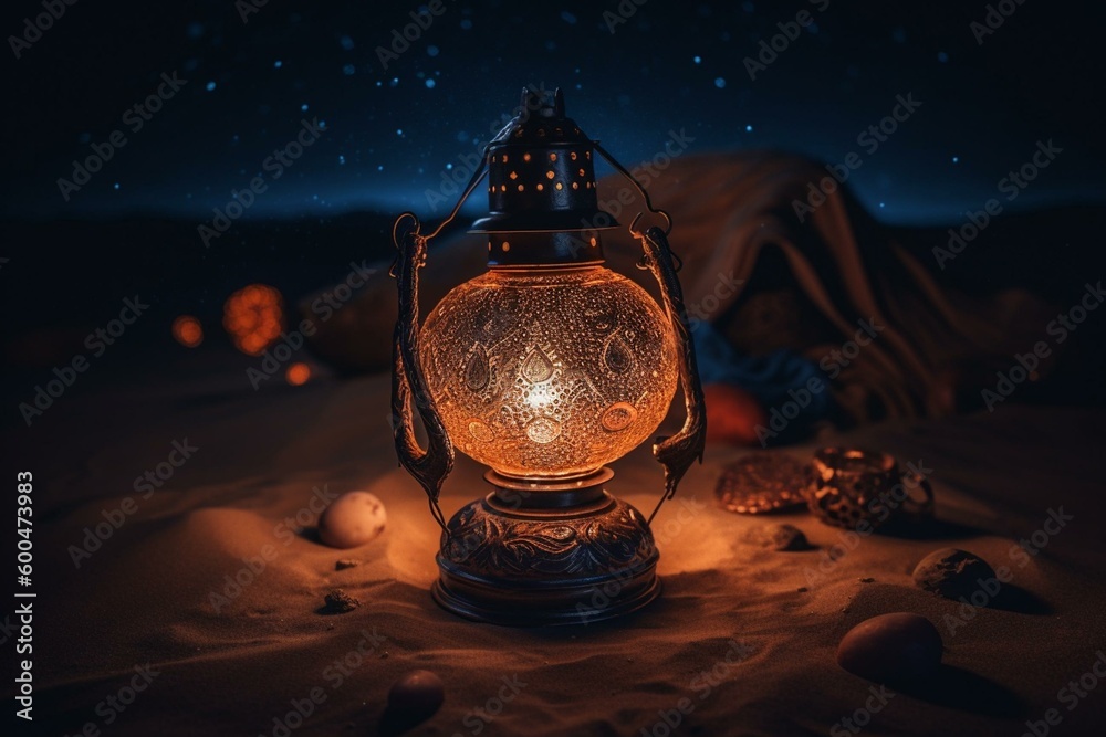 Mystical oil lamp with genie in nocturnal desert. Generative AI