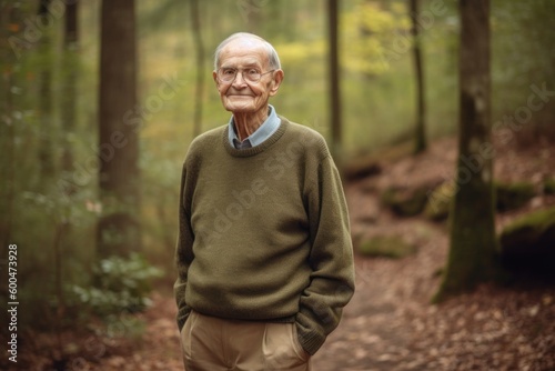 Senior man standing in the forest and looking at the camera with a smile