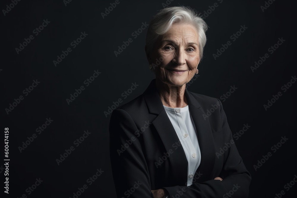 portrait of smiling senior businesswoman with crossed arms isolated on black portrait of smiling senior businesswoman with crossed arms isolated on black