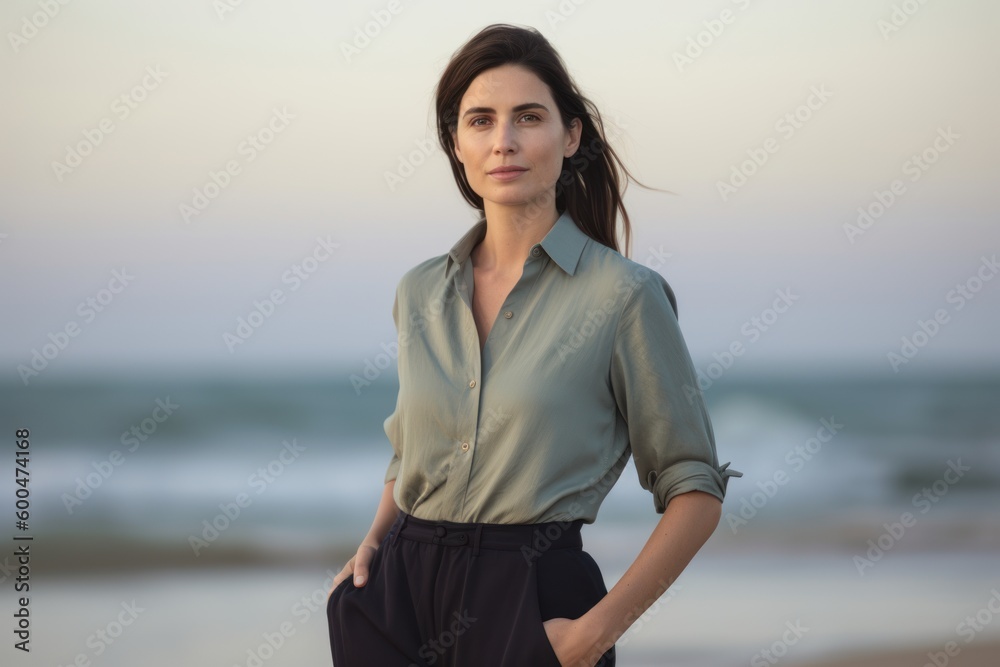 Lifestyle portrait photography of a pleased woman in her 30s wearing a smart pair of trousers against a beach background. Generative AI Lifestyle portrait photography of a pleased woman in her 30s wearing a smart pair of trousers against a beach background. Generative AI