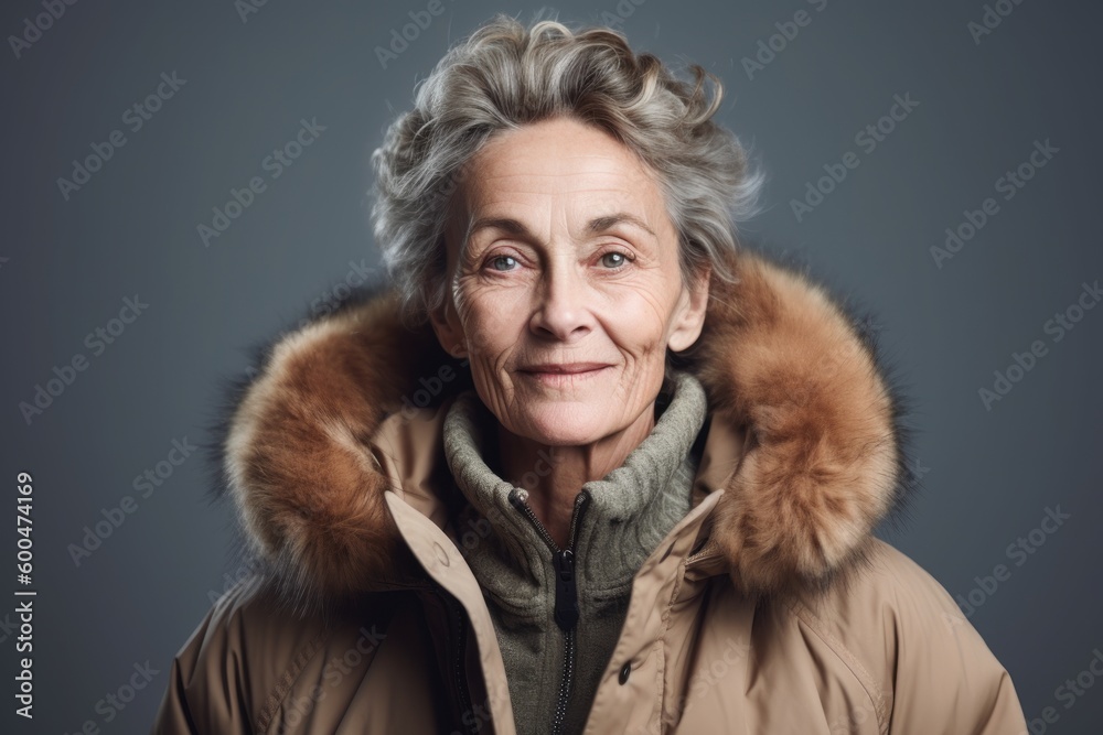 Portrait of a smiling senior woman in warm winter jacket on a gray background Portrait of a smiling senior woman in warm winter jacket on a gray background