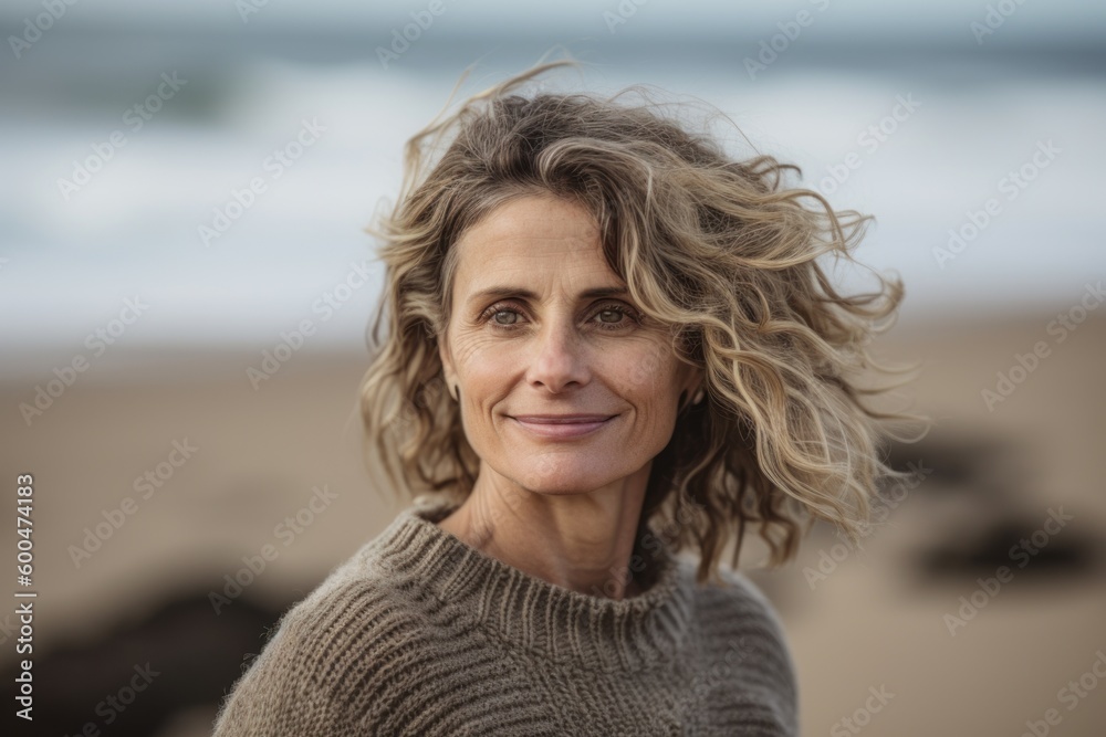 Medium shot portrait photography of a pleased woman in her 40s wearing a cozy sweater against a beach background. Generative AI
