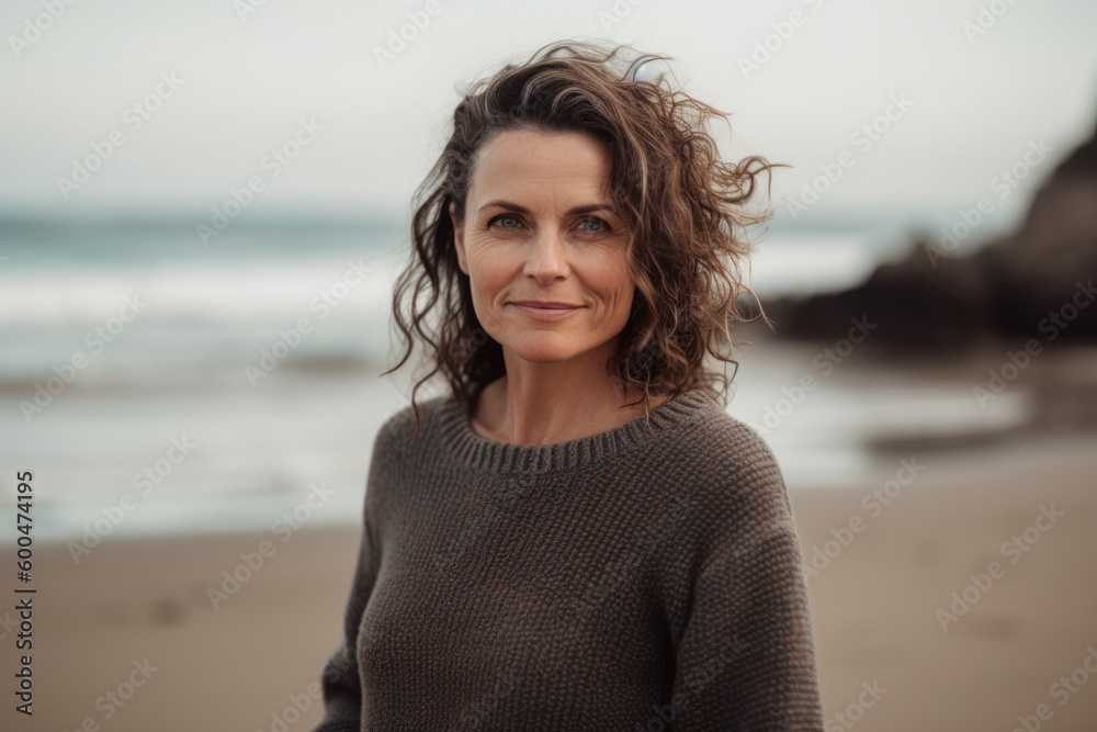 Portrait of a beautiful mature woman with curly hair on the beach Portrait of a beautiful mature woman with curly hair on the beach
