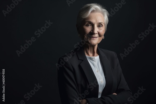portrait of smiling senior businesswoman with crossed arms isolated on black