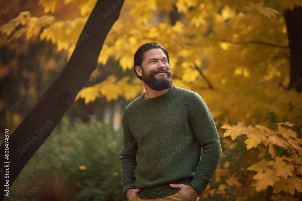 Obraz premium Handsome bearded man in green sweater posing in autumn park.