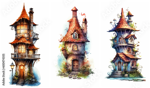 Watercolour fantasy landscape  tiny rocky island  rural wonky house. Greeting cards and envelopes artwork project set 3.