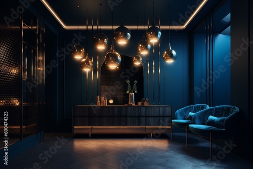 Innovative decor in bronze and navy blue, with striking neon symmetry. Award-winning design in 8k HD makes this interior unique. Generative AI