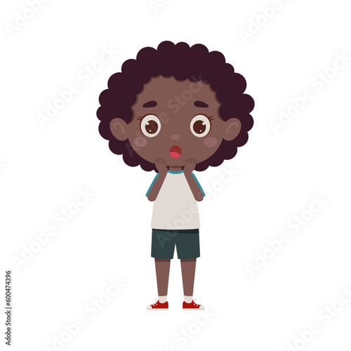 Cute cartoon little scary african girl. Little schoolgirl character show facial expression. Vector illustration