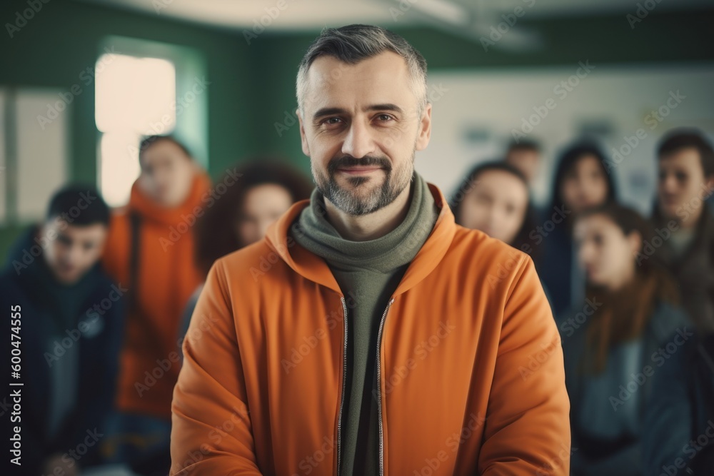 Portrait of a man in an orange jacket on a background of a group of students Portrait of a man in an orange jacket on a background of a group of students