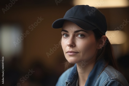 Portrait of beautiful young woman in cap and jeans jacket at cafe © Robert MEYNER