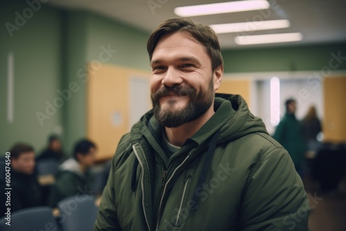 Handsome man with beard in a green jacket in an office