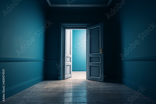 Open door  blue background  architectural  modern  minimalist  possibility  metaphor. Generative AI
