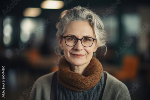 Portrait of a beautiful middle-aged woman wearing glasses and a scarf