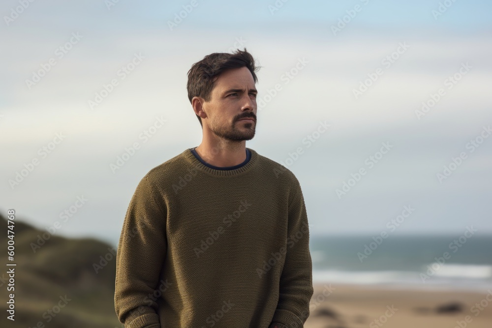 Portrait of a handsome young man standing on the beach and looking away