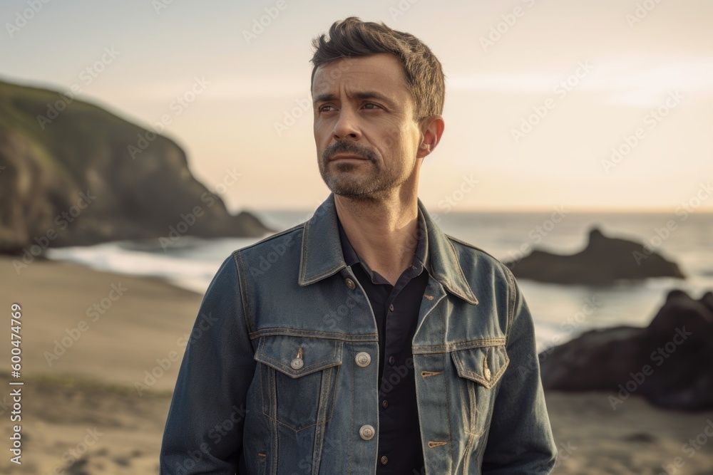 Group portrait photography of a satisfied man in his 30s wearing a denim jacket against a summer landscape or beach background. Generative AI