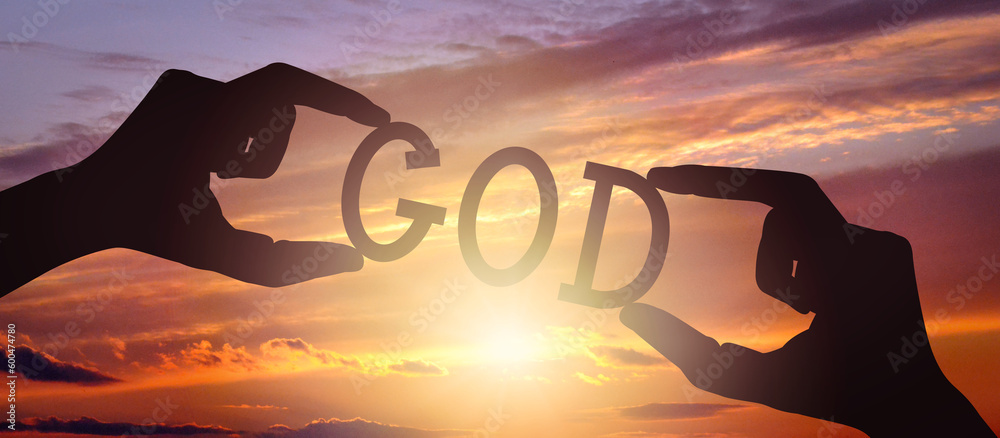 Εκτύπωση καμβά God - human hands holding black silhouette word