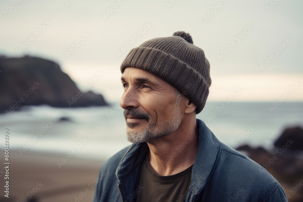 Portrait of handsome mature man wearing warm hat on the beach.