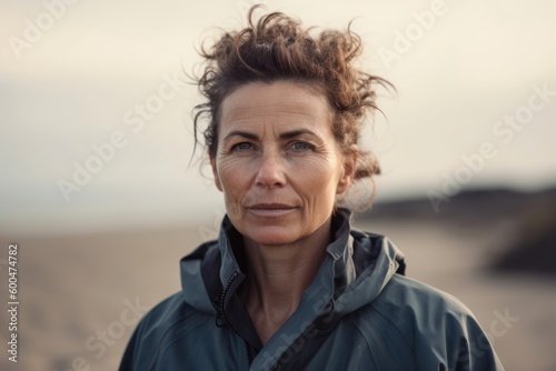 Portrait of mature woman with curly hair on the beach in autumn © Robert MEYNER