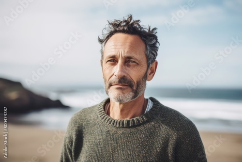 Portrait of handsome mature man standing on beach and looking at camera