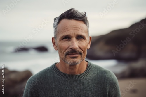 Portrait of mature man looking at camera on the beach at sunset © Robert MEYNER