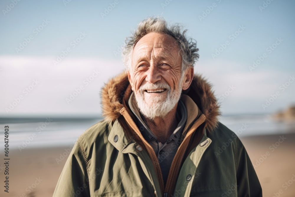Portrait of happy senior man standing on beach and looking at camera Portrait of happy senior man standing on beach and looking at camera
