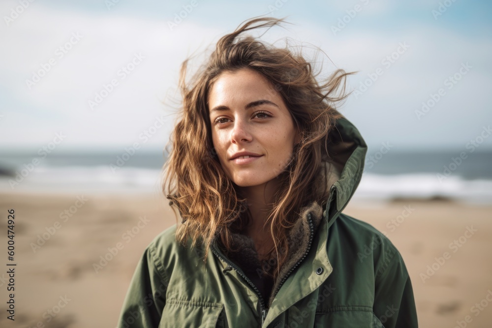 Portrait of a beautiful young woman with curly hair at the beach Portrait of a beautiful young woman with curly hair at the beach