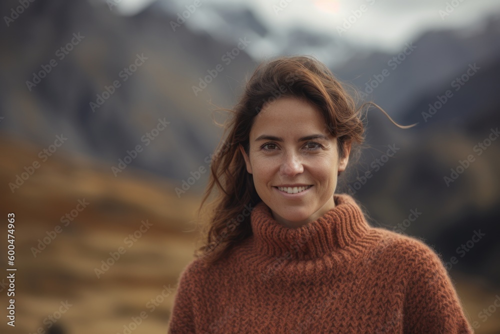Portrait of a young woman in a sweater on the background of mountains Portrait of a young woman in a sweater on the background of mountains