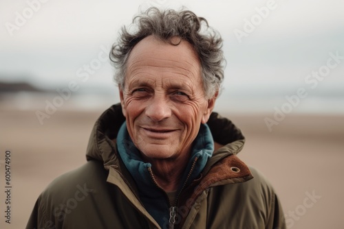 Portrait of smiling senior man looking at camera while standing on beach