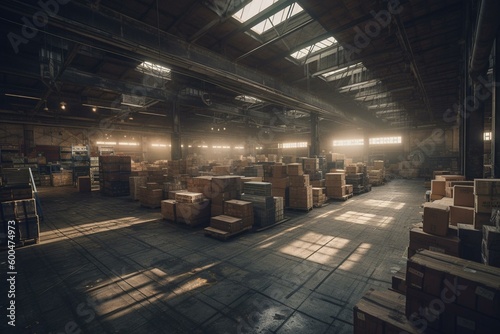 Desolate warehouse filled with goods. Generative AI