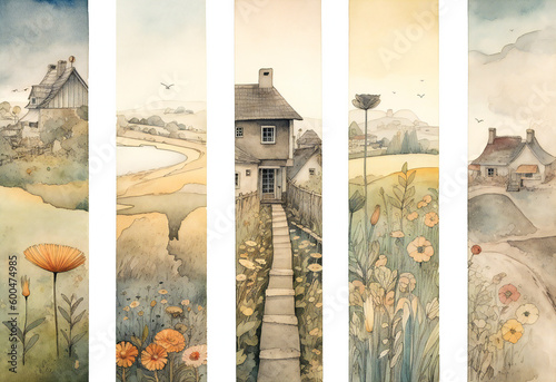 Different watercolor bookmarks, with beautiful rural landscapes. Created with Generative AI technology. photo