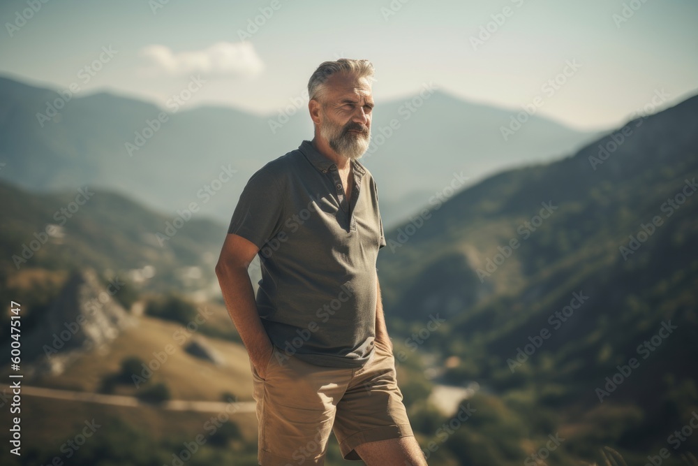 Handsome senior man standing on top of mountain and looking away