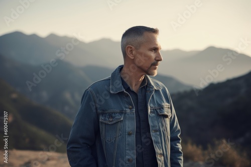 Portrait of a handsome man in a denim jacket on a background of mountains