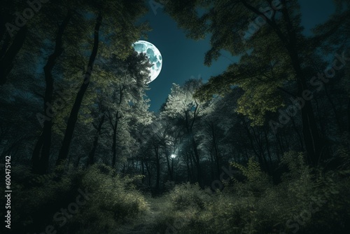 Forest at night with full moons and dark trees. Generative AI © Aya
