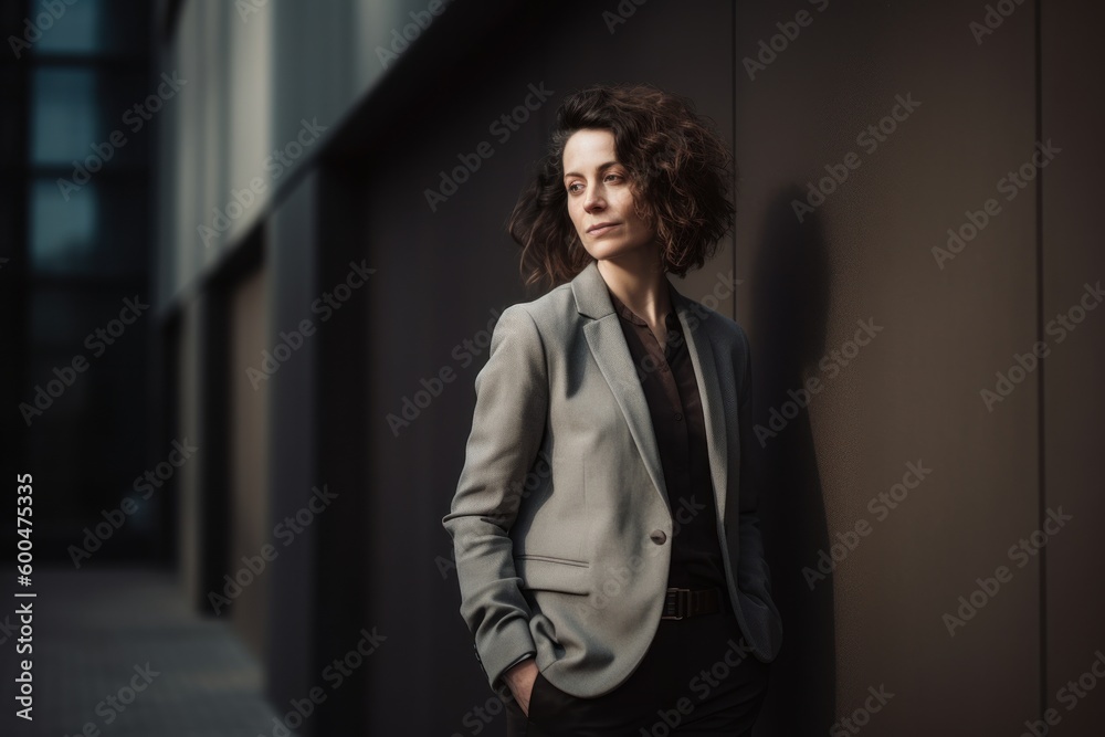Portrait of a beautiful young woman with curly hair in a business suit