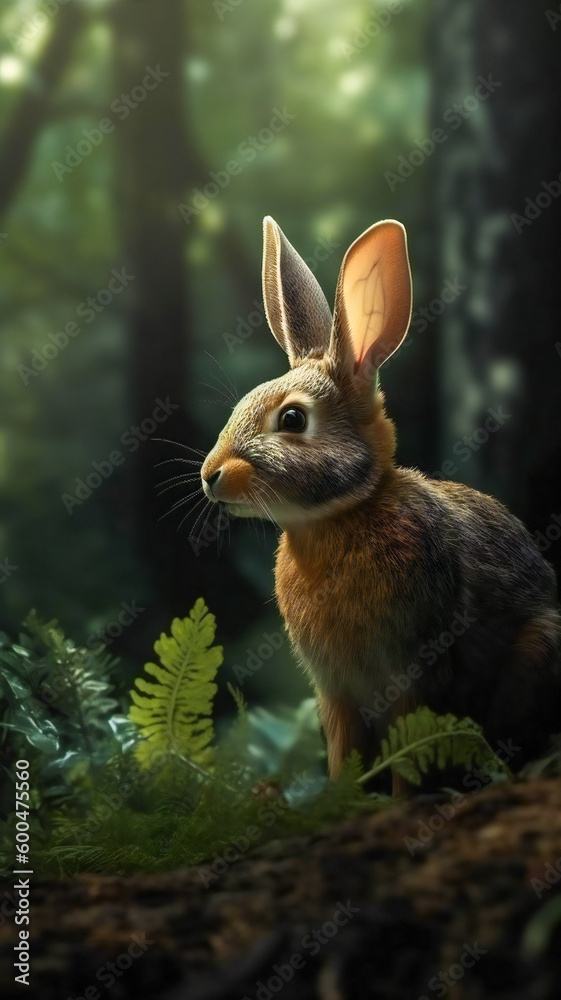 Fototapeta premium Illustration of a rabbit in a forest scene. Created with Generative AI technology.
